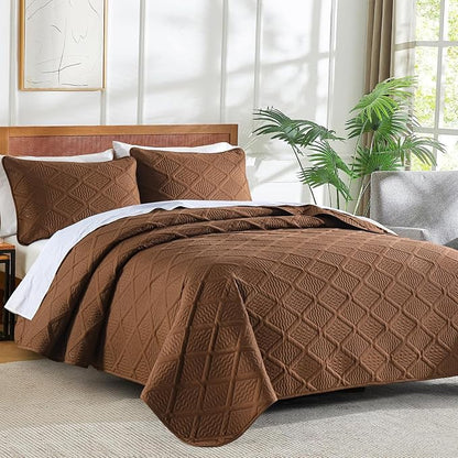 Yiran Brown Quilt Set Queen Size, 3 Piece Reversible Bedspreads Bedding Set, Winter Diamond Pattern Coverlet for All Season with 2 Pillow Shams (Full/Queen, 96x90 Inch)