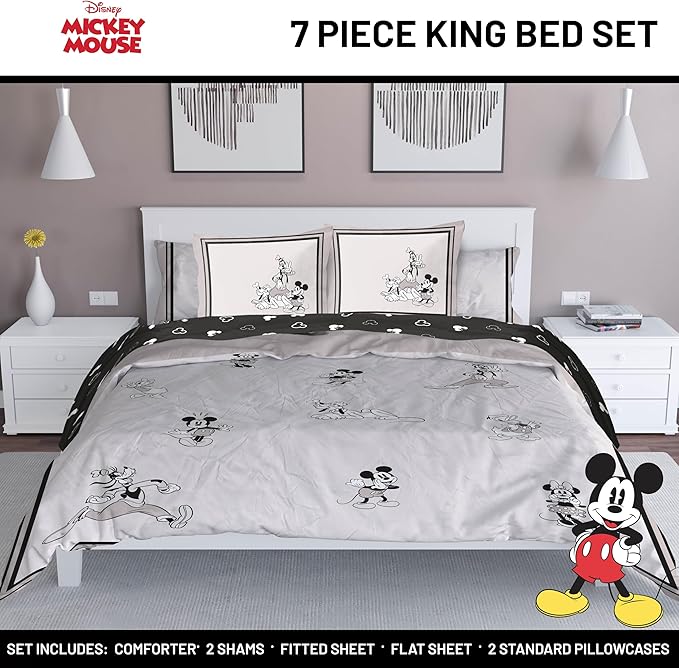 Jay Franco Kids Comforter Set Includes Sheets and Pillow Covers - Soft and Cozy Bed Set for Stylish Room Decor, Official Licensed Bedding, Beige - Mickey and Friends, 7 Piece King