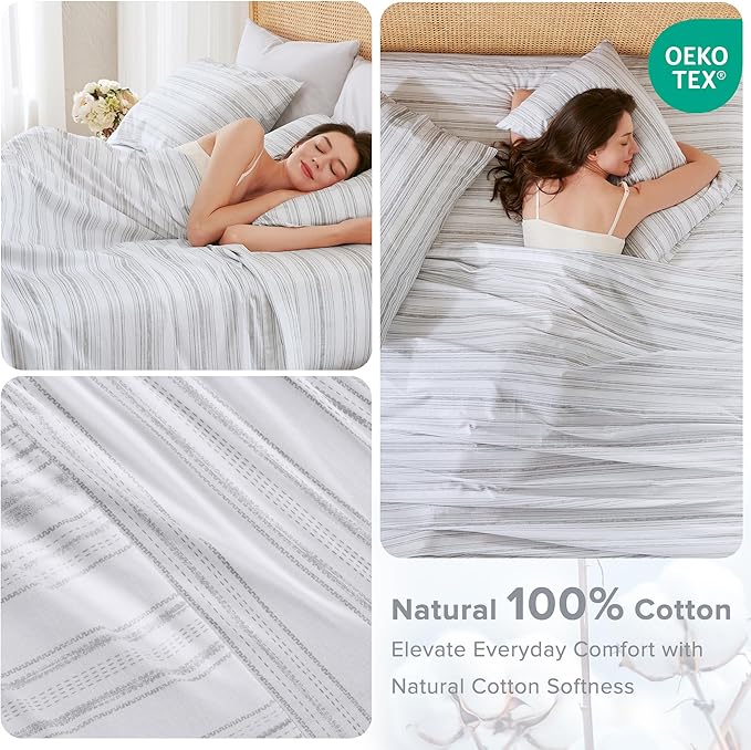 Comfort Spaces 100% Cotton Sheets Twin, Breathable, Naturally Cool Cotton Sheets, Soft Cotton Bed Sheets with 12" Elastic Pocket Fits up to 14" Mattress, All Seasons Sheet Set, Good Vibes Grey 3 Piece