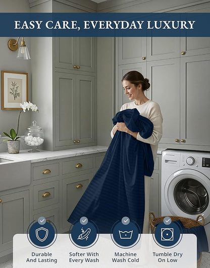 LANE LINEN 100% Egyptian Cotton Sheets King Size, Fully Elasticized Reinforced Seams Extra Deep Pocket King Sheet, No Pill Fade Resistant Cooling Sheets King Size Damask Stripe - Navy