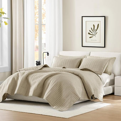 Comfort Spaces Queen Quilt Set Modern Reversible Plaid Coverlet Queen Bedding Set Cozy Quilted Winter Layer, All Season Lightweight Soft Queen Size Quilt, Kienna, Full/Queen Beige 3 Piece