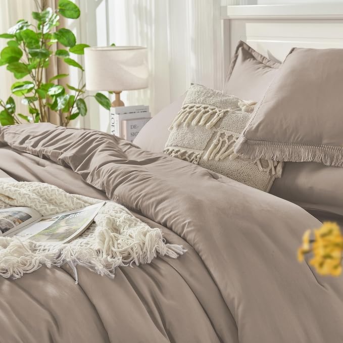 Andency Full Size Comforter Set Khaki -7 Pieces Boho Tassel Bed in a Bag Soft Lightweight Bedding Sets, Fringe All Season Bed Set with Comforter, Sheets, Pillowcases & Shams