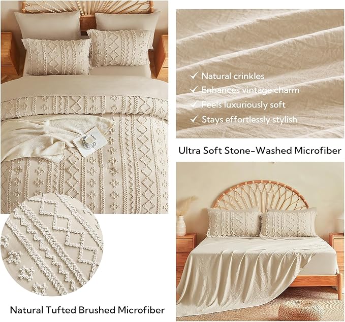 MR&HM California King Comforter Set Beige, 7 Pieces Tufted Boho Beddding Sets, Farmhouse Style Bed in a Bag with 1 Comforter, 2 Pillow Shams, 2 Pillowcases, 1 Flat Sheet, 1 Fitted Sheet