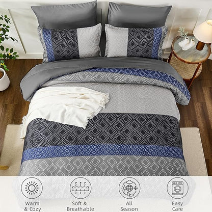 Dinjoy Boho Queen Comforter Set Blue Gray,7 Piece Bed in a Bag Queen Size Warm Striped Fall Bedding Sets with Plaid Comforters with Sheets for Family All Season