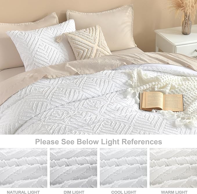 Litanika California King Comforter Set White, 3 Pieces Tufted Boho Farmhouse Bedding Comforter Sets, Lightweight Fluffy Comforter Bed Set All Season (104x96In Comforter & 2 Pillowcases)