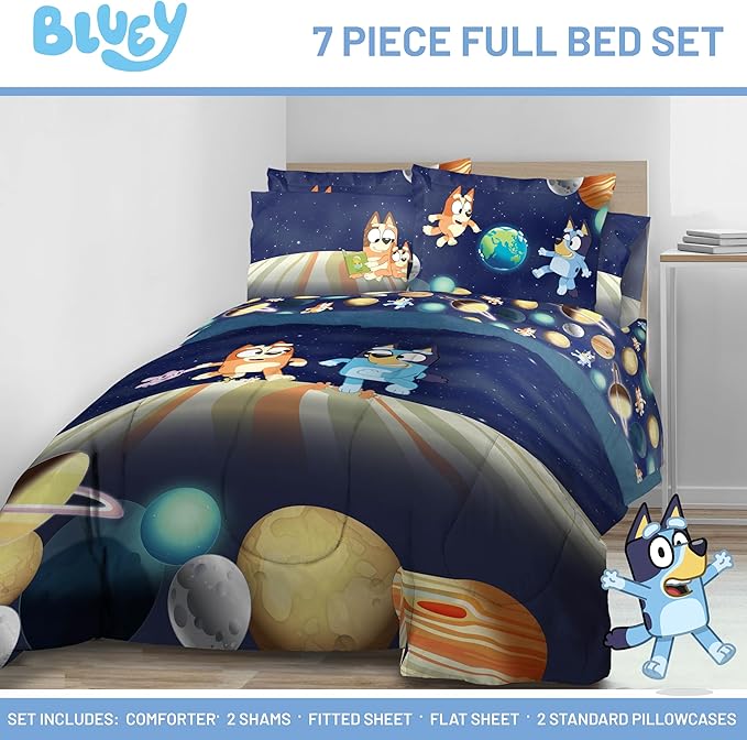 Jay Franco Kids Comforter Set Includes Sheets and Pillow Covers - Soft and Cozy Bed Set for Stylish Room Decor, Blue - Bluey & Bingo, 7 Piece Full