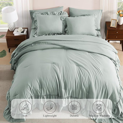 Queen Comforter Set Sage Green, Ruffle Shabby Chic Bedding Set Farmhouse 7 Pieces, All Season Fluffy Bed in a Bag with Sheets, Pillowcases & Shams