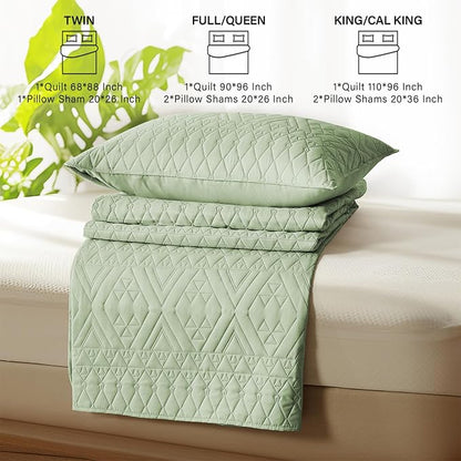 akkialla Twin Size Quilt Bedding Set,Sage Green Lightweight Microfiber Soft Bedspreads,Modern Style Geoetric Pattern Coverlet Set for All Seasons,2 Piece(1 Quilt,1Pillow Sham)