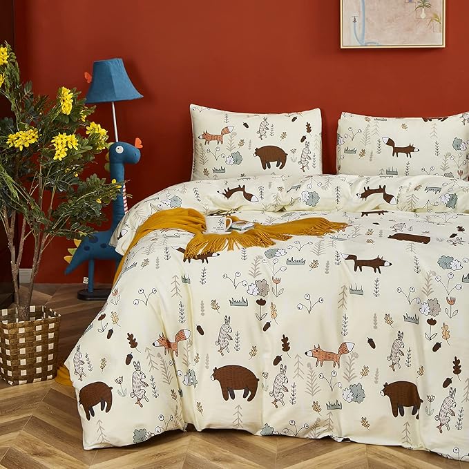 CLOTHKNOW Kids Twin Comforter Set Yellow Animal Bedding Comforter Sets Soft Cartoon Comforter Fox Rabbit Beige Bedding with 2 x Pillow Cases