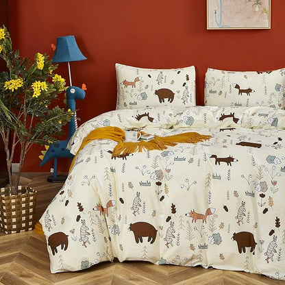 CLOTHKNOW Yellow Animal Comforter Sets Full Size Kids Bedding Comforter Sets Cartoon Fox Theme Woodland Forest Bedding with 2 x Pillow Cases