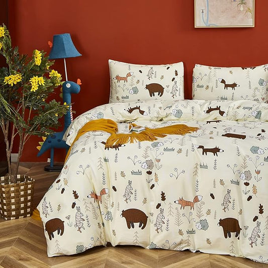 CLOTHKNOW Kids Queen Comforter Set 3Pcs Yellow Animal Bedding Comforter Sets Fox Woodland Forest Comforter with 2 x Pillow Cases