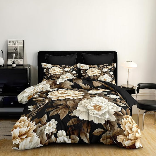 New Chinese Luxury Bedding Set Full Size, Black Peony & Bird Print Lightweight Comforter, Elegant Oriental Bedroom Decor with 2 Pillowcases/79 * 90