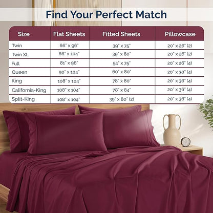 Casa Platino Full Size Sheet Set – 6 Piece Cooling Sheets Full Size 100% Cotton Crisp Percale Sheets with Breathable & Cozy Feel, 15" Deep Pocket Fitted Sheet for Secure Fit – Windsor Wine