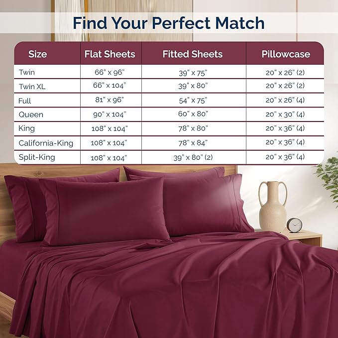 Casa Platino Twin Size Sheet Set – 4 Piece Cooling Sheets Twin Size 100% Cotton Crisp Percale Sheets with Breathable & Cozy Feel, 15" Deep Pocket Fitted Sheet for Secure Fit – Windsor Wine