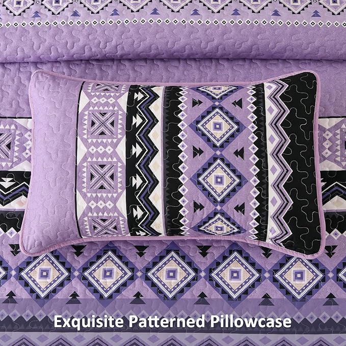 WONGS BEDDING 3 Pieces Quilt Set King Size, Purple Quilt Bedspread Lightweight Bohemian Coverlet Set with 2 Pillowcase, Soft Geometry Printed Bedding Set King for All Season 104"×90"