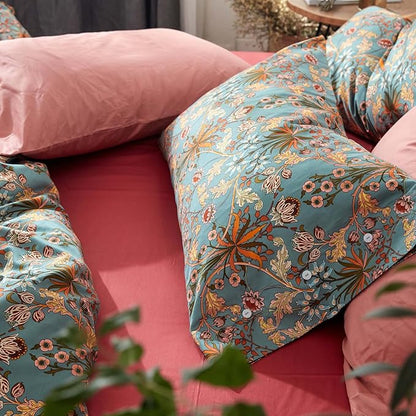 mixinni Vintage Style Garden Flower Duvet Cover Set with Zipper Closure Long Staple Percale Cotton Yellow Vibrant Pattern on Bedding Quilt Cover Set(California King, All Season)