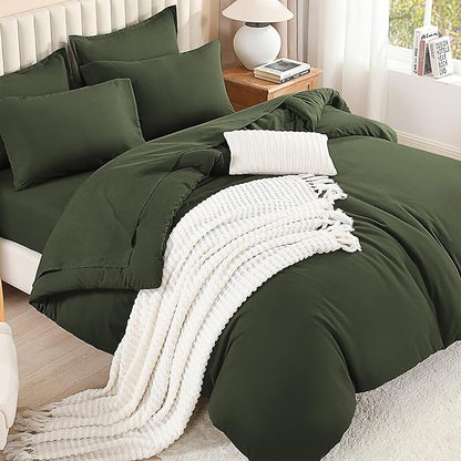 Litanika Oversized Queen Size Comforter Set Olive Green - 7 Pieces Bed in a Bag Oversized Beddding Sets, Solid Lightweight Bed Set with Comforter, Sheets, Pillowcases & Shams