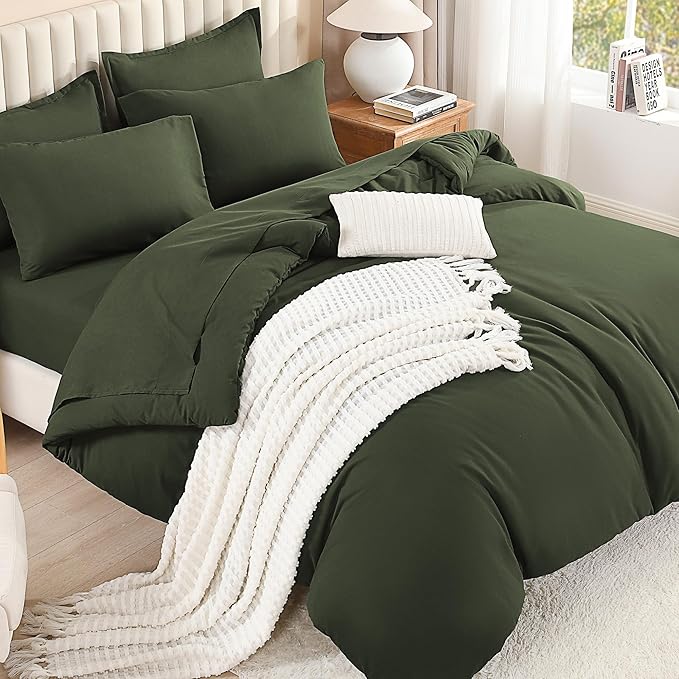 Litanika Oversized King Comforter Sets Olive Green - 7 Pieces Bed in a Bag Oversized King Bedding Comforter Sets, Solid Lightweight Bed Set with Comforter, Sheets, Pillowcases & Shams