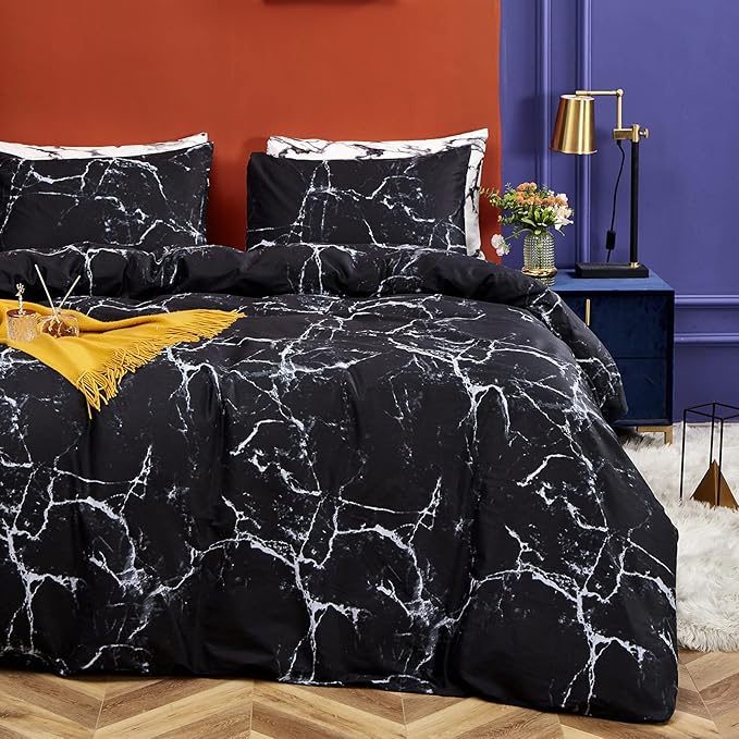 CLOTHKNOW Black White Full Size Comforter Sets Marble Bedding Comforter Sets Soft All Season Black Comforters with 2 x Pillow Cases