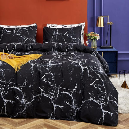CLOTHKNOW Black White Full Size Comforter Sets Marble Bedding Comforter Sets Soft All Season Black Comforters with 2 x Pillow Cases
