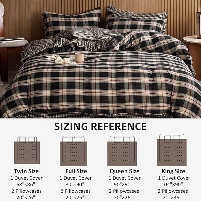 EAVD Vintage Red&Black Plaid Duvet Cover King Soft 100% Cotton Muslin Gauze Red Green Black Grid Checkered Bedding Set with 2 Pillowcases Reversible Gingham Duvet Cover with Zipper Closure