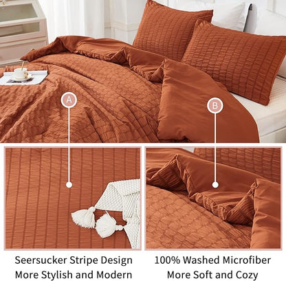 AveLom Terracotta Seersucker California King Comforter Set (104x96 inches), 3 Pieces-100% Soft Washed Microfiber Lightweight Comforter with 2 Pillowcases, All Season Down Alternative Bedding Set