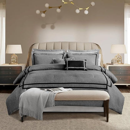 Wonderful Hotel Comforter Set Queen Size 8 Piece Bedding Set Grey Luxury Hydro-Brushed Modern Bedding Comforter Set with Sheet, Fitted Sheet, Pillow Shams, Decorative Pillow for All Season