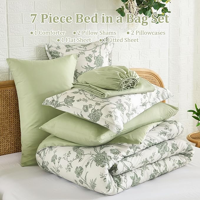 Luxudecor Floral King Comforter Set 7 Pieces Bed in a Bag, Sage Green Flower with Bird Bedding Set, Soft Reversible Comforter with Sheet Set 104"x90"