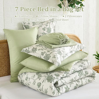 Luxudecor Floral King Comforter Set 7 Pieces Bed in a Bag, Sage Green Flower with Bird Bedding Set, Soft Reversible Comforter with Sheet Set 104"x90"