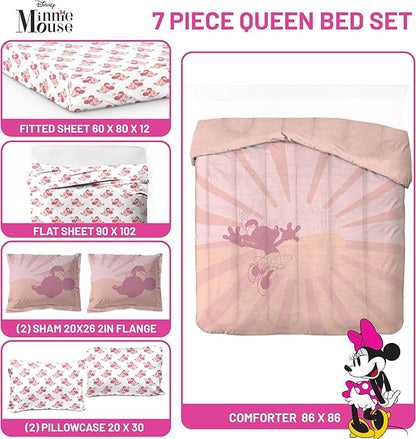Disney Minnie Mouse Queen Size Comforter Set - 7 Piece Bedding Includes Sheet Set & Pillow Covers - Super Soft Cozy Pink Bedding
