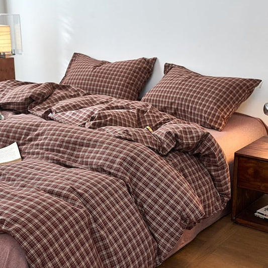 EAVD Vintage Style Burgundy Gingham Duvet Cover King 100% Washed Cotton Like Linen Feel Soft Checkered Grid Plaid Bedding Set with 2 Pillowcases Farmhouse Grid Geometric Duvet Cover with Zipper