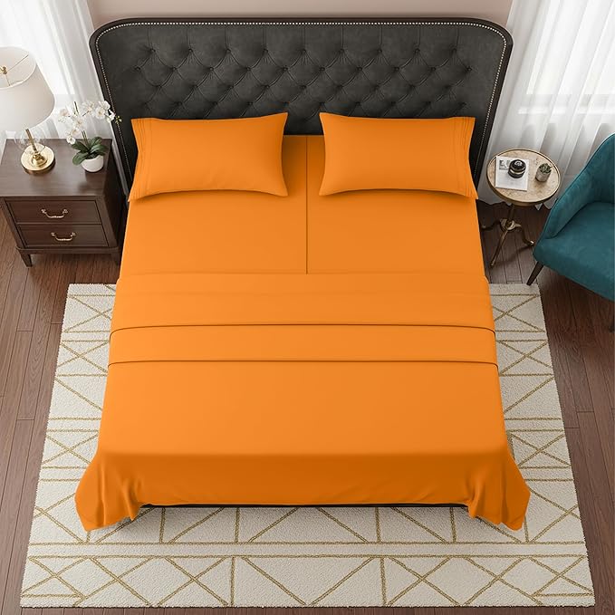 Elegant Comfort Luxurious 1500 Premium Hotel Quality Microfiber Three Line Embroidered Softest 5-Piece Bed Sheet Set, Wrinkle and Fade Resistant, Split King, Orange