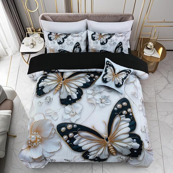 A Nice Night 6pcs Bed in A Bag Black and Glod Dreamy 3D Butterfly Printed, with Pearl Flower Design Butterflies Bedding Full Comforter Set, for Girls Kids Teens