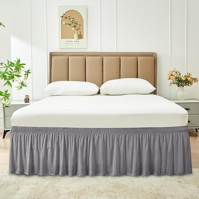 Biscaynebay Wrap Around Bed Skirts for Full & Full XL Beds 19" Long Drop, Silver Grey Adjustable Elastic Dust Ruffles Easy Fit Wrinkle & Fade Resistant Silky Luxurious Fabric Solid Machine Washable