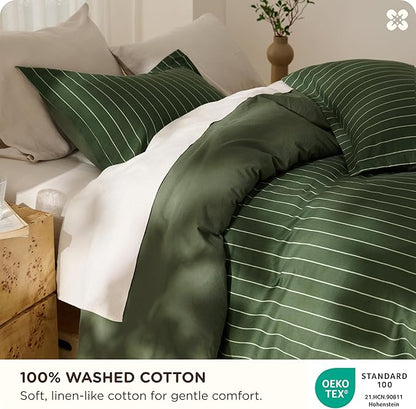 Bedsure Striped Duvet Cover Queen Size, 100% Washed Cotton PureWoven Duvet Cover Linen Like Textured, Classic Striped Pattern Enhances Bedroom Comfort and Style, Stripes Olive Green, 90"x90"
