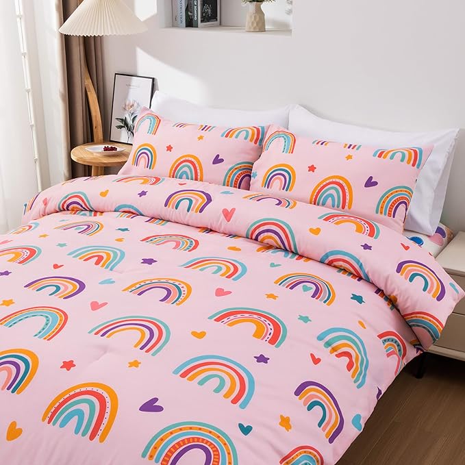 Btargot Lightweight Soft 3 Piece Rainbow Comforter Set with 2 Pillow Covers, Cartoon Love Hearts Flowers and Sun Moon Star Bedding Set for Girls Boys Kids, Full Blush