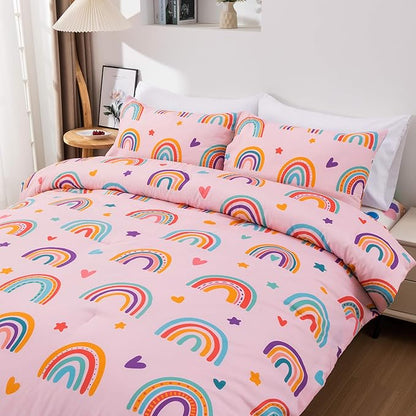 Btargot Lightweight Soft 3 Piece Rainbow Comforter Set with 2 Pillow Covers, Cartoon Love Hearts Flowers and Sun Moon Star Bedding Set for Girls Boys Kids, Full Blush