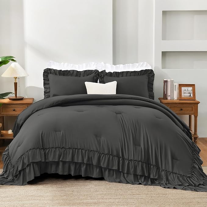 Andency Dark Grey King Comforter Set, Gray Ruffle Farmhouse Shabby Chic Bedding Set, All Season Soft Lightweight Down Alternative Polyester Bed Comforter Sets