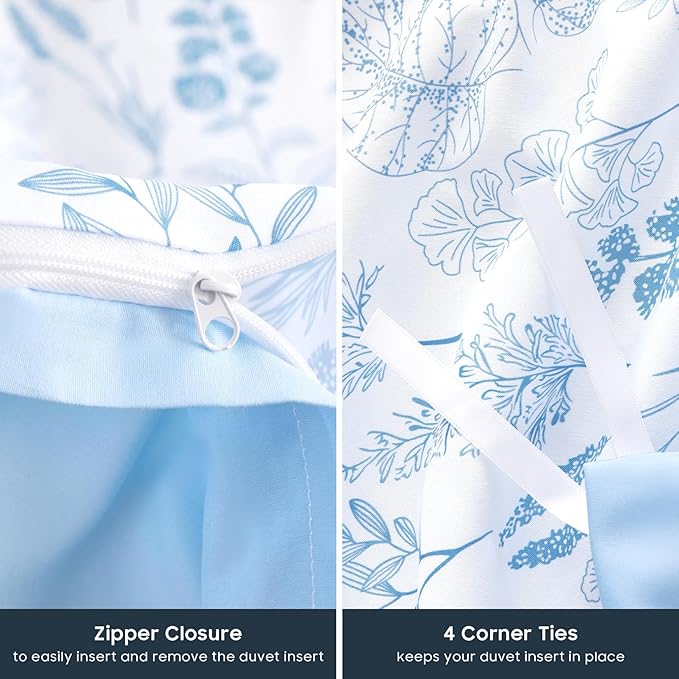 Wake In Cloud - Floral Duvet Cover Set, Botanical Vintage Flower Coquette Cottagecore Aesthetic for Women Teen Girls, Soft Lightweight Bedding, 3-Piece, Blue, Queen Size