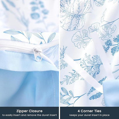 Wake In Cloud - Floral Duvet Cover Set, Botanical Vintage Flower Coquette Cottagecore Aesthetic for Women Teen Girls, Soft Lightweight Bedding, 3-Piece, Blue, Queen Size