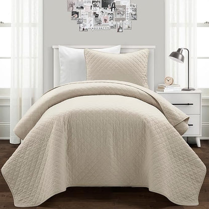 Lush Decor Ava Quilt Diamond Pattern Solid 2 Piece Oversized Bedding Blanket Bedspread Set - Twin-XL - Neutral