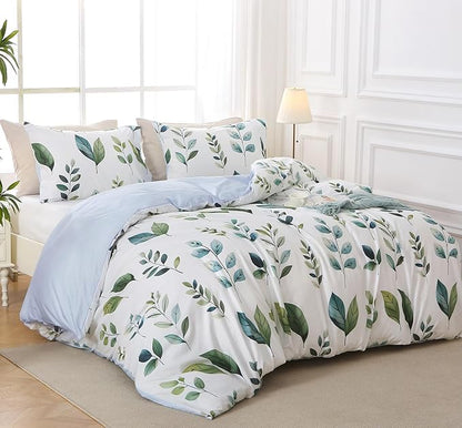 Duvet Cover King Size, Reversible Floral Vintage Duvet Cover Set with Zipper Closure, 3 Pieces Botanical Patterns Soft Microfiber Bedding Set (90"x104", 2 Pillow Cases 20"×36", Green Foliage White)