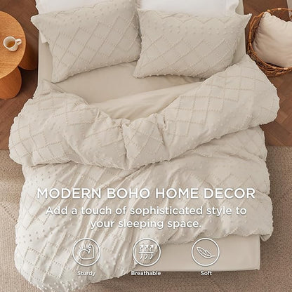 Bedsure Boho Duvet Cover King Size with Fitted Sheet - Boho Bedding Comforter Set, 4 Pieces, Includes 1 Duvet Cover 104"x90" with Zipper Closure, 2 Pillow Shams, 1 Fitted Sheet, Beige