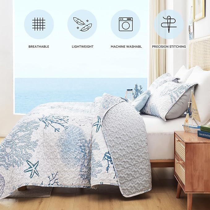 weigelia Coastal Quilts Bedding Set Queen Size - Blue Summer Nautical Bedding Quilt with Pillow Cases, Beach Reversible Quilt Set Bedspreads Coverlet Soft Lightweight Comforter