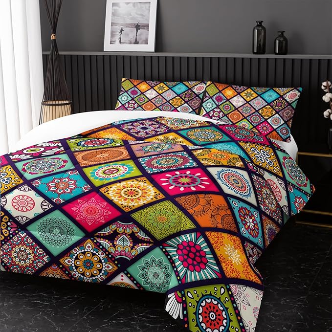Polychrome Bohemia Comforter Sets King Size,Rhomboid Forms Pattern Bedding Set for Your Room,Abstract Soft Lightweight Quilted Set All Season 1 Comforter and 2 Pillowcases