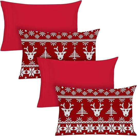 YIYEA Christmas Pillow Cases Standard Size Set of 4, Ultra Soft Double Brushed Microfiber Red Pillowcases and Christmas Reindeer Pillow Covers, Envelope Closure, Fade Resistant (20"x26")