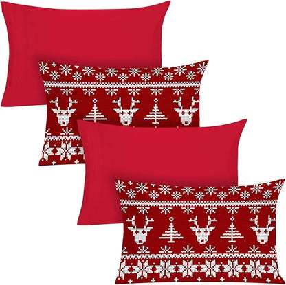 YIYEA Christmas Pillow Cases Queen Size Set of 4, Ultra Soft Double Brushed Microfiber Red Pillowcases and Christmas Reindeer Pillow Covers, Envelope Closure, Fade Resistant (20"x30")