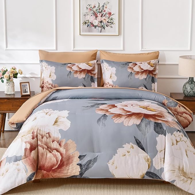 Dobuyly Floral Comforter Set King Size, Brown Flower Printed on Grey Comforter Set with Sheets, 7 Piece Botanical Bed in a Bag, Soft Microfiber Farmhouse Bedding Set for All Season