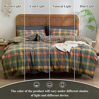 VM VOUGEMARKET Plaid Duvet Cover Set Queen Washed Cotton Reversible Bedding Multicolor Buffalo Grid Duvet Cover with 2 Pillowcases for Men Women(Orange/Grey/Green,Queen)