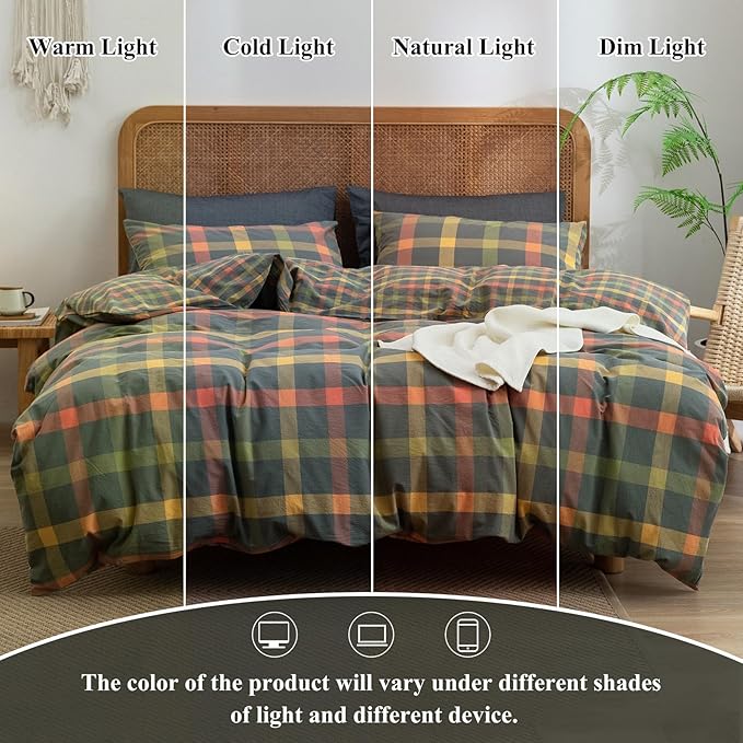 VM VOUGEMARKET Twin XL Plaid Duvet Cover Set Orange Grey Green Gingham Bedding Set Soft Washed Cotton Reversible Modern Cozy Duvet Cover with 2 Pillowcases for Teen Boys- 68x90 Inch